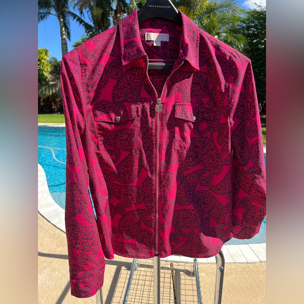 Michael Kors Zip-Front Shirt/Jacket – Pink & Black Paisley Print – Size XL